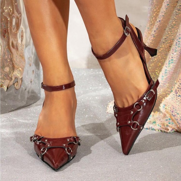 Pointed Toe Stiletto Shoes With Thin Straps, Mushroom Studs, Belt Buckles